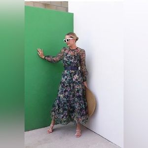knee length dresses for ladies A-Line Flowy Long Sleeve Tie V Neck Pleated Midi Dress, Pink / M main image 1